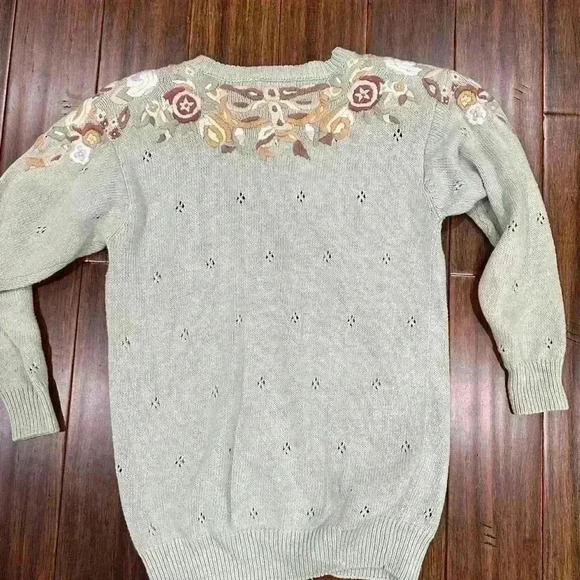 Margules vintage Knit Embroidered Cottagecore Mint Floral Cardigan Sweater large - Picture 5 of 6
